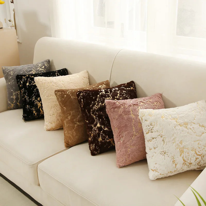 16*16" White Faux Fur Gold Gilding Leaves Throw Pillow Covers Sparkling Throw Fluffy Plush Soft Square Cushion Cases/