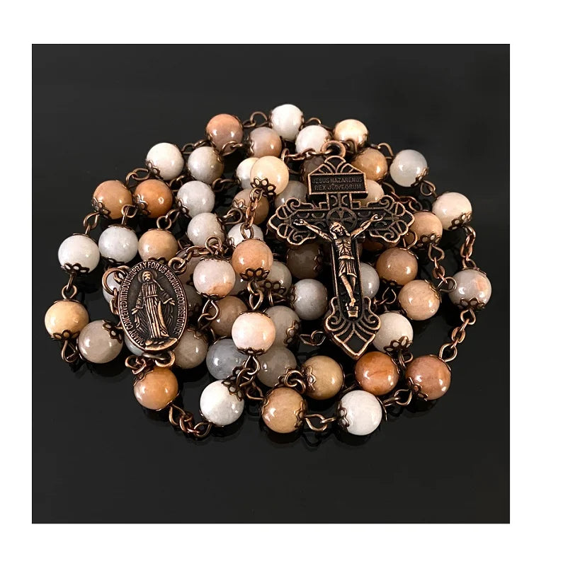 8 mm Pink Agate Beads Handmade with Christian Jesus Cross on Catholic Rosary with Antique Red Copper Plated