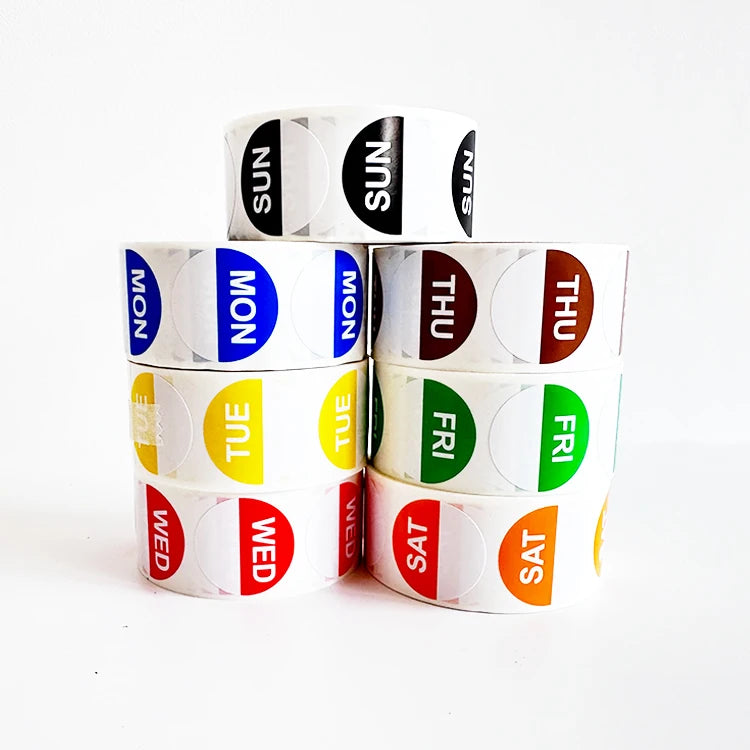 Self-Adhesive Round Food Label Glossy Finish Monday to Sunday Packing Sticker for Food Management and Grocery Promotion