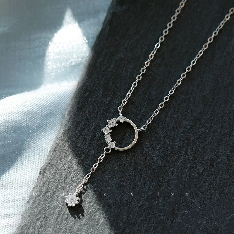 Rhodium Plated 925 Sterling Silver Trendy Circle Charms Pendant Necklace Cz Tassel Necklace