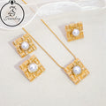 Factory Price Pearl Stone Jewelry Girl Eye Shaped Gold Plated Stainless Steel Element Women Design Earring Set