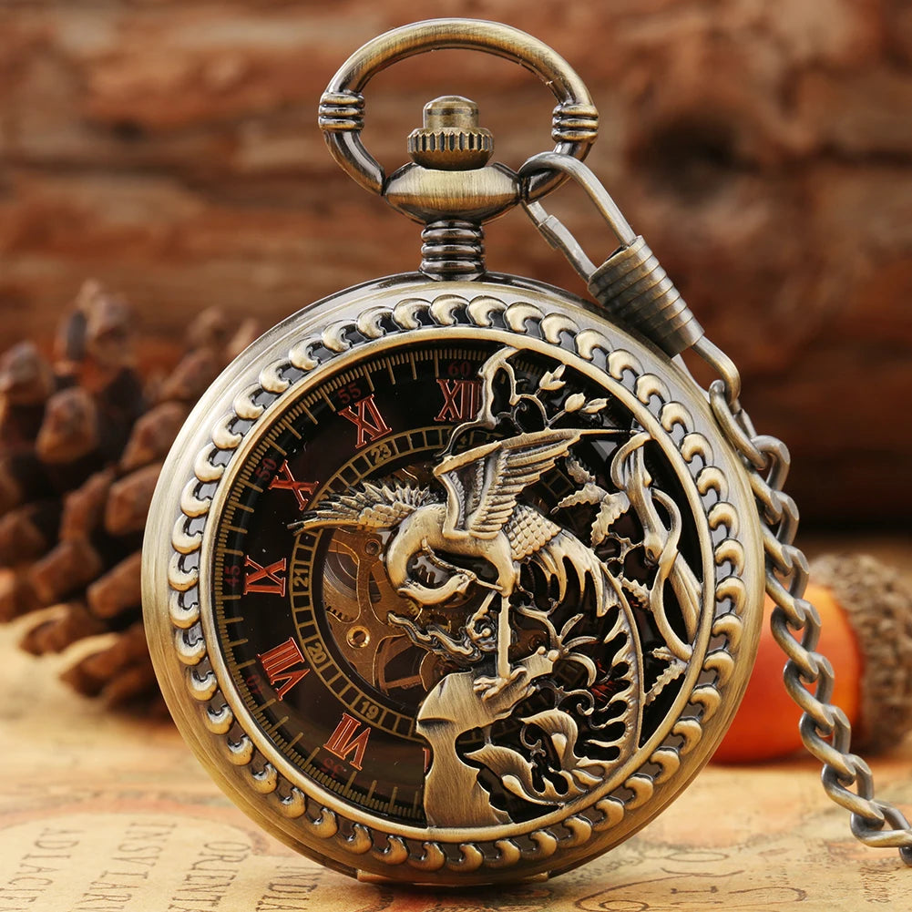 Bronze Phoenix Bird Two Sides Open Steampunk Mechanical Pocket Watch Full Hunter Hand-Wind Fob Watch for Locket Pendant Gift