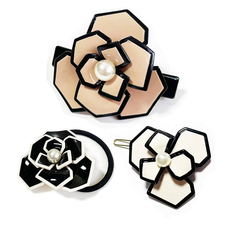 Classic Camellia Hair Clip Set 6cm 8cm Flower Barrette Clip High Elastic Ponytail Hair Ties