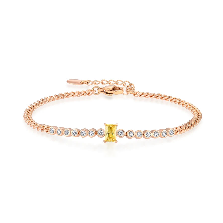 YILUN Rose Gold Plated Chain Bracelet Radiant Yellow Sapphire CZ Delicate Design Gemstone 925 Silver Bracelet Femme