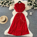 Women's Summer French Beaded Tie Short Sleeve Pressure Pleated Elegant Long Casual Dresses