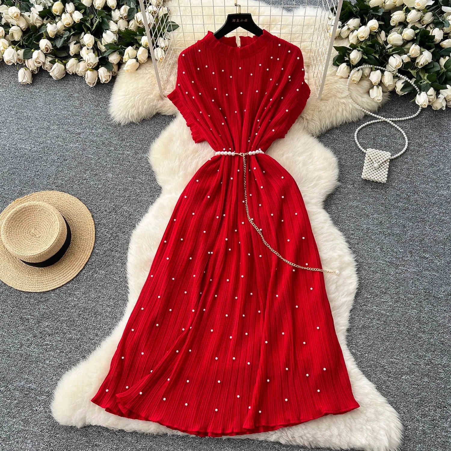Women's Summer French Beaded Tie Short Sleeve Pressure Pleated Elegant Long Casual Dresses