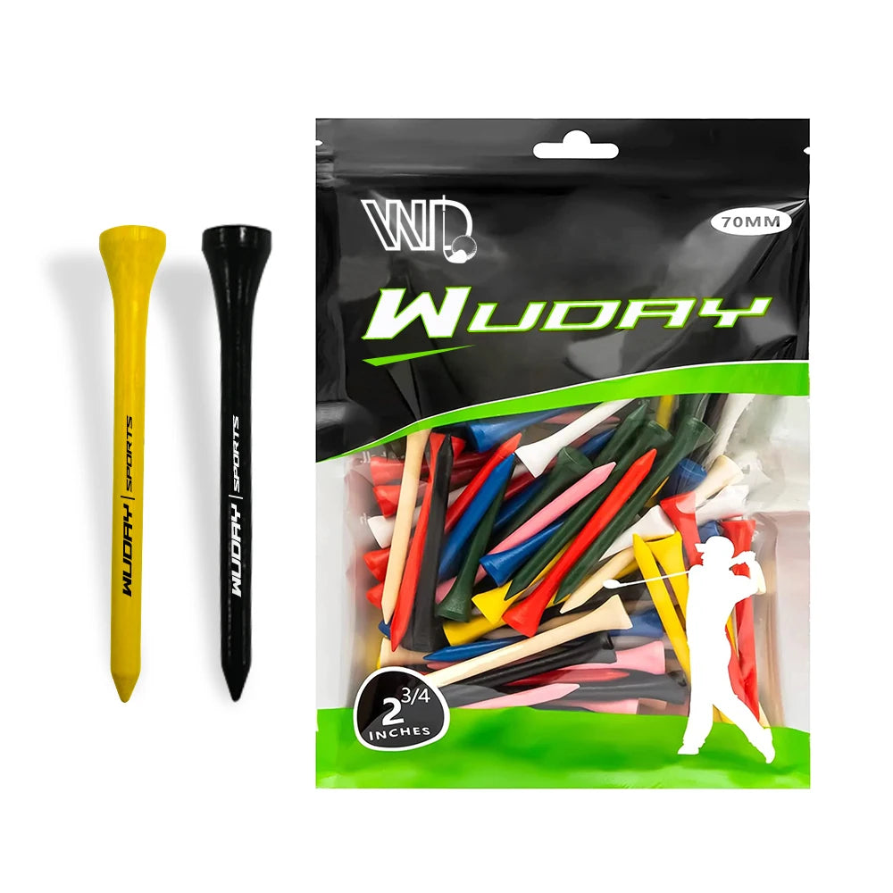 China Manufacturer's Custom Logo Printed 70mm Bamboo Golf Tees Wholesale Packed in Customized Plastic Bag