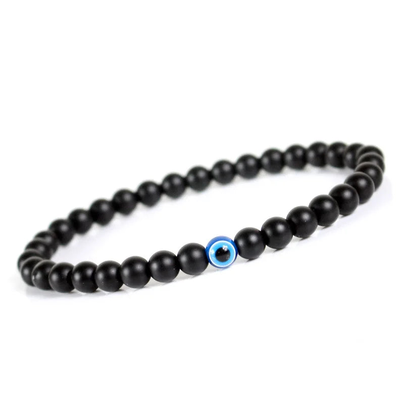 Trendy Simple Demon Eye Religious Blue Eye Beads on 6mm Natural Black Obsidian Lucky Wishes Bracelets for Anniversaries