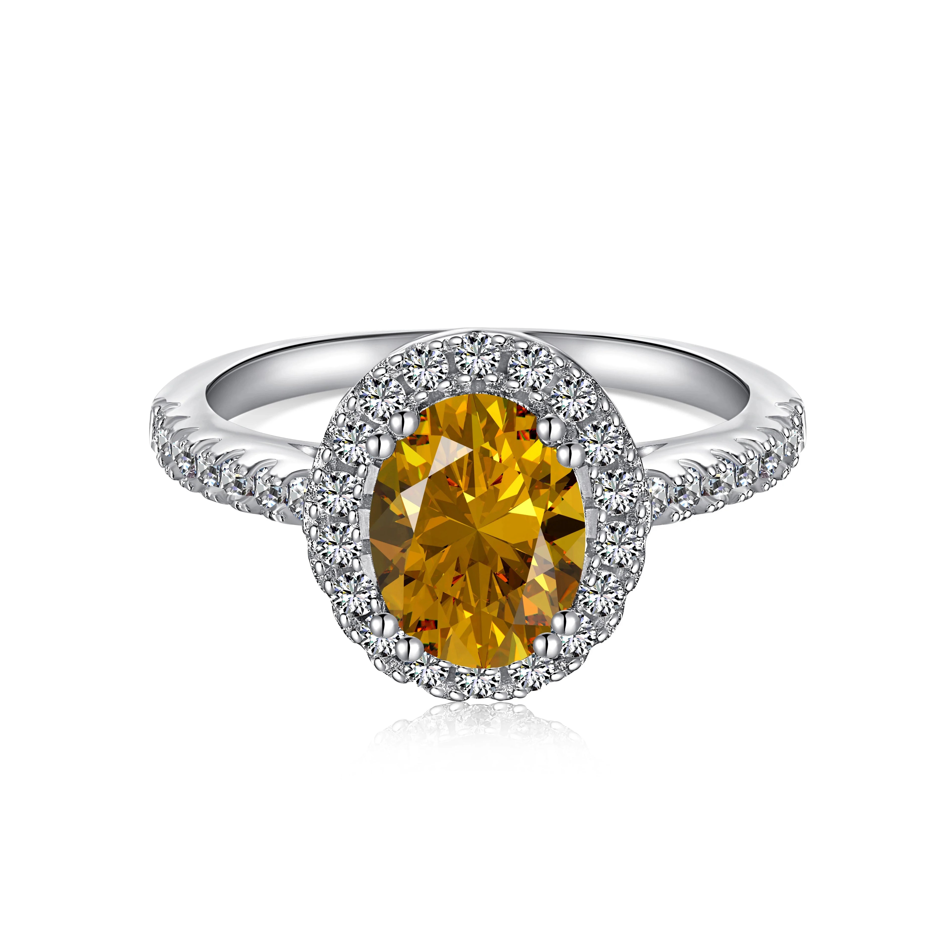 925 Sterling Silver Zircon Engagement Ring Egg-Shaped Flower Head Rhodium Gold Plating Oval Cut Prong Setting Wedding
