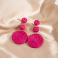 Hot Sale Geometric Woven Raffia Round Drop Earrings Handmade Rose Red Color Small Ball Round Earrings Women