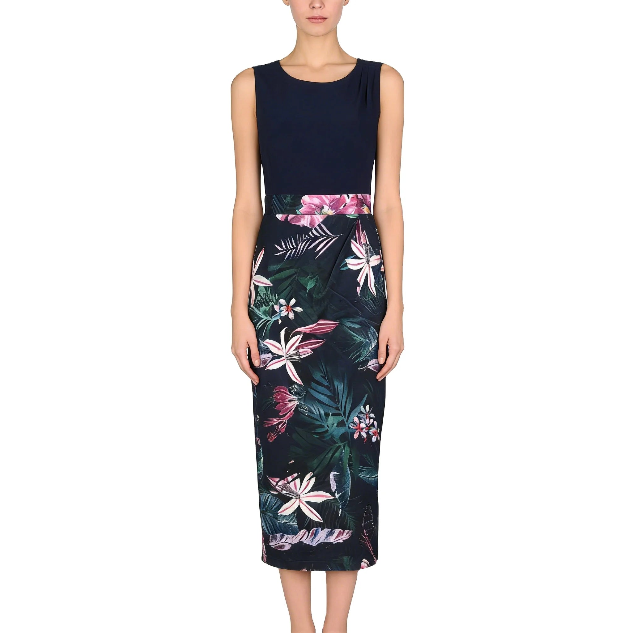 Beautiful Print Navy Blue Dresses for Women Sleeveless Elegant Ladies Dress for Office