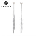 New Trendy 925 Sterling Silver 6.5-7mm Natural Freshwater Pearl Long Earrings CZ Double Chain Tassel Drop Gold for Weddings