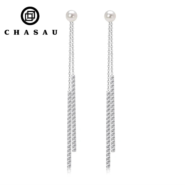New Trendy 925 Sterling Silver 6.5-7mm Natural Freshwater Pearl Long Earrings CZ Double Chain Tassel Drop Gold for Weddings
