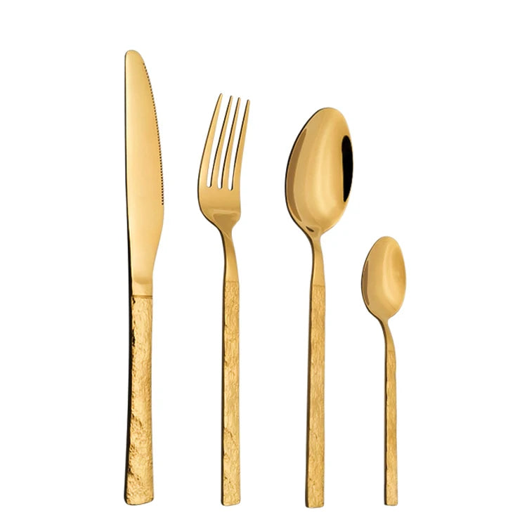 Unique Handle Design Flatware Stainless Steel Luxury Stone Pattern Handle Golden Flatware Set