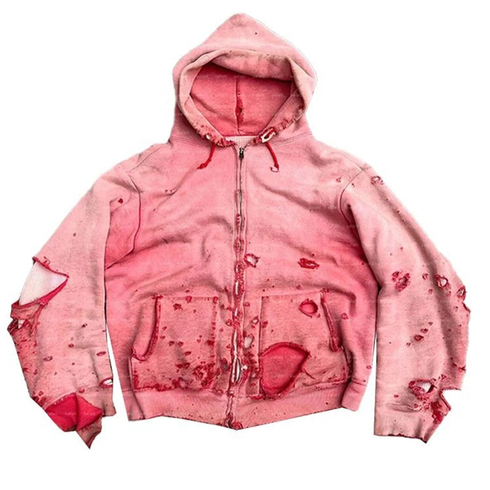 Hoodie Manufacturer Custom 450g Heavy Cotton Vintage Sun Faded Ripped Winter Fleece Distressed Acid Washed Zip up Hoodie for Men