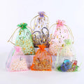Custom Square Organza Drawstring Bags with Stars Moon Ruby Design Heat Transfer Printing Pink Color Jewelry & Makeup Packaging