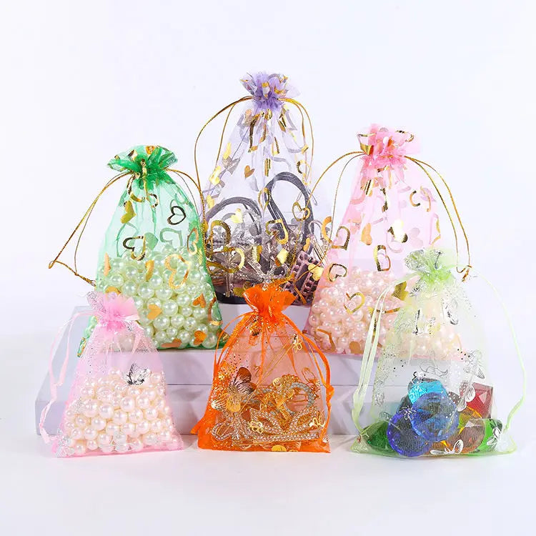 Custom Square Organza Drawstring Bags with Stars Moon Ruby Design Heat Transfer Printing Pink Color Jewelry & Makeup Packaging