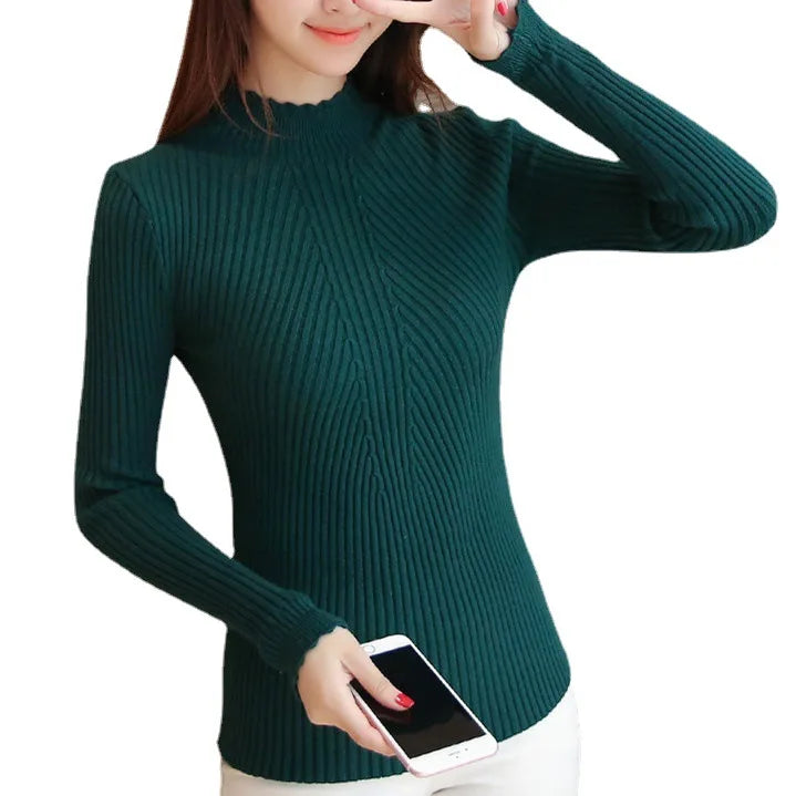Autumn/winter Lace Half Turtleneck Sweater Women's Long-sleeved Knitted Slim Top Pullover All-match Korean Style Bottoming Shirt