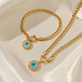 18K Gold-Plated Zircon Rimmed Pendant Simple Popular Devil's Eye Oil Drip Stainless Steel Necklace Bracelet Set for Weddings