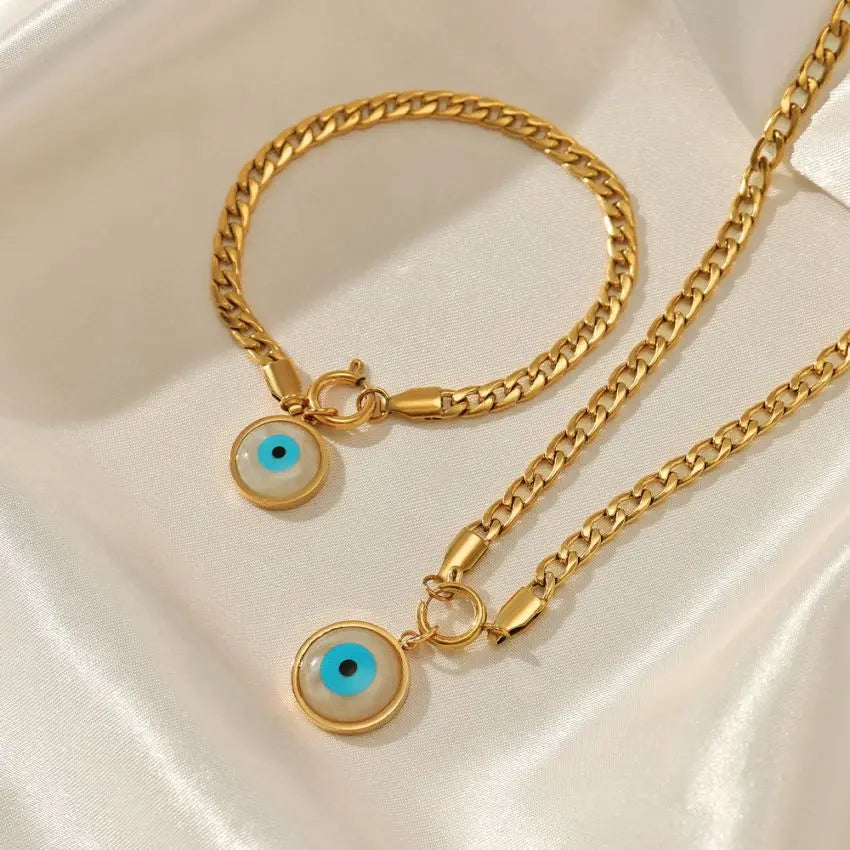 18K Gold-Plated Zircon Rimmed Pendant Simple Popular Devil's Eye Oil Drip Stainless Steel Necklace Bracelet Set for Weddings