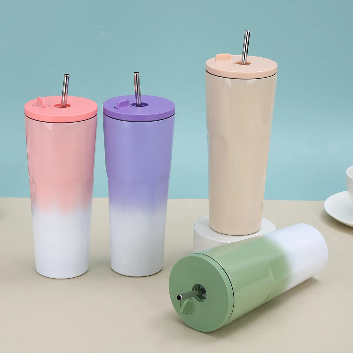 Custom Gradient Color Stainless Steel Tumbler Spill Proof Vacuum Insulated Car Coffee Thermos Cup with Straw for Travel