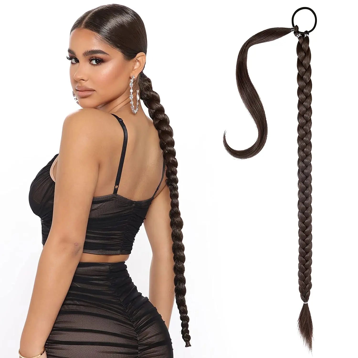 with Hair Tie Straight Wrap Around Hair Ponytail Natural Soft Synthetic Hair Piece for Women (Black Chocolate Brown 32 Inch)