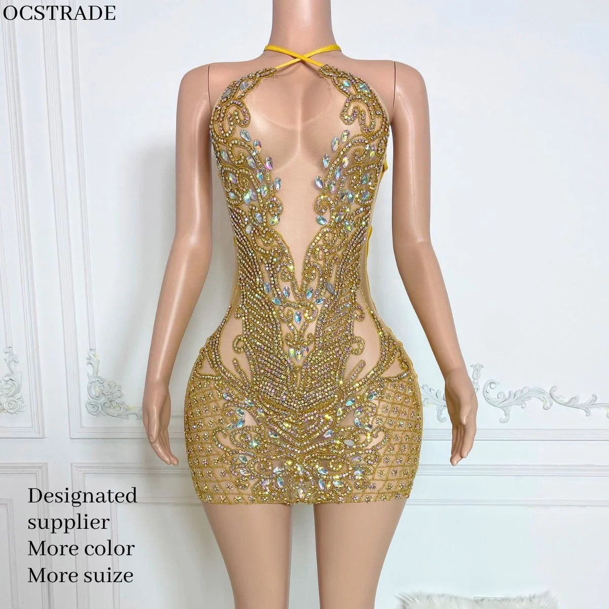 Ocstrade 2024 New Design Halter Neck Bodycon Birthday Mini Dress Backless Crystal Gold Rhinestone Mesh Dress for Club Party