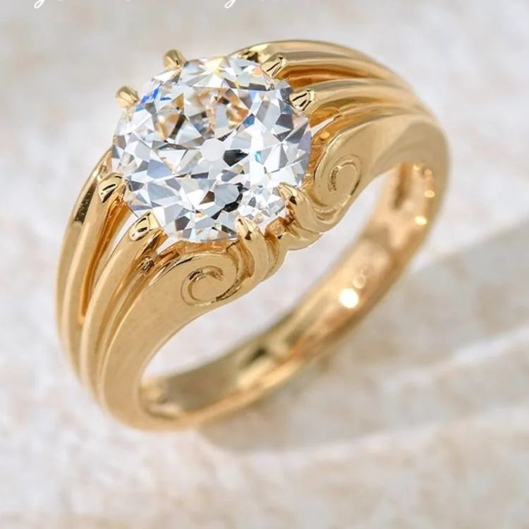 Ruyi 3 Carat Lab Diamond Round Old European Cut 18K Yellow Gold Engagement Ring Classical Style