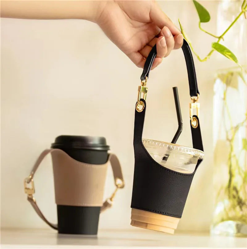 Detachable Leather Coffee Cup Sleeve Portable Coffee Cup Holder Bag Drink Cup Carrier with Handle Strap