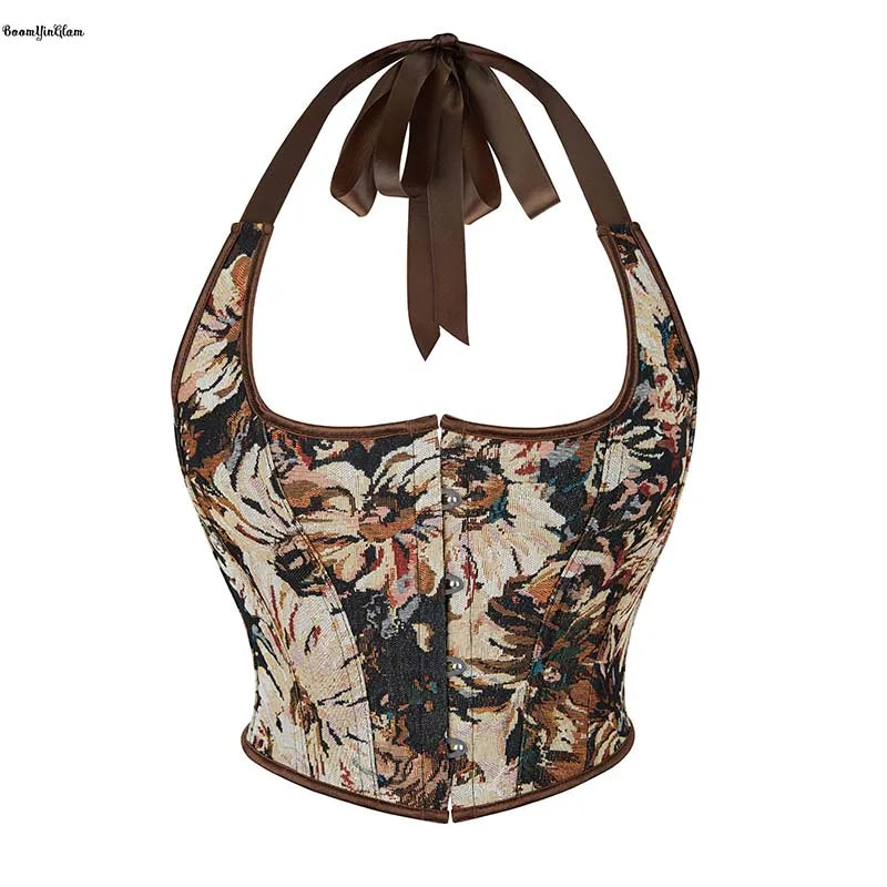 4 Brooches Overbust Corselet Lacing Bandage Bustier Floral Embroidered Lace up Boned Brown Coffee Corset With Halter Strap