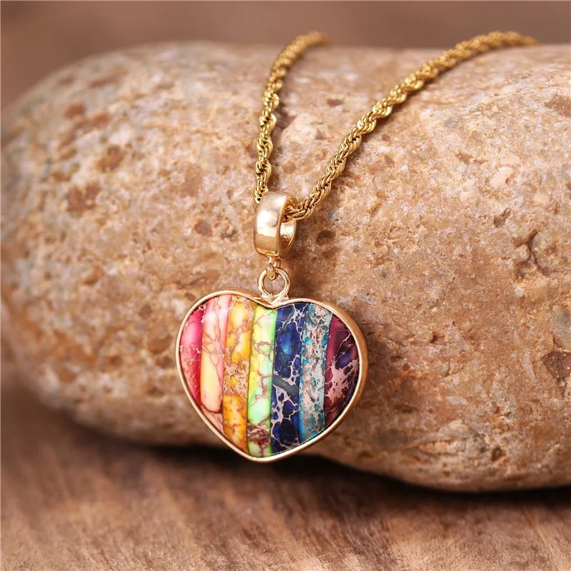 Lovely Natural Stone 7 Chakra Heart Pendant Necklace Unique Fashion Stainless Steel Chain Jewelry Wholesale Popular Jewelry