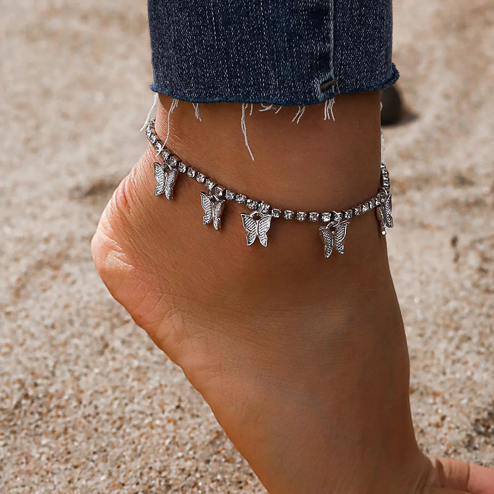 Luxury Bling Silver 18k Gold butterfly Anklet Summer Beach Girls Fashion Diamond Foot Jewelry Bijoux Bracelets Anklets for Women