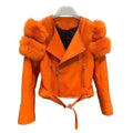 High Quality Genuine Women Crop Leather Motorcycle Jacket With Fox Fur