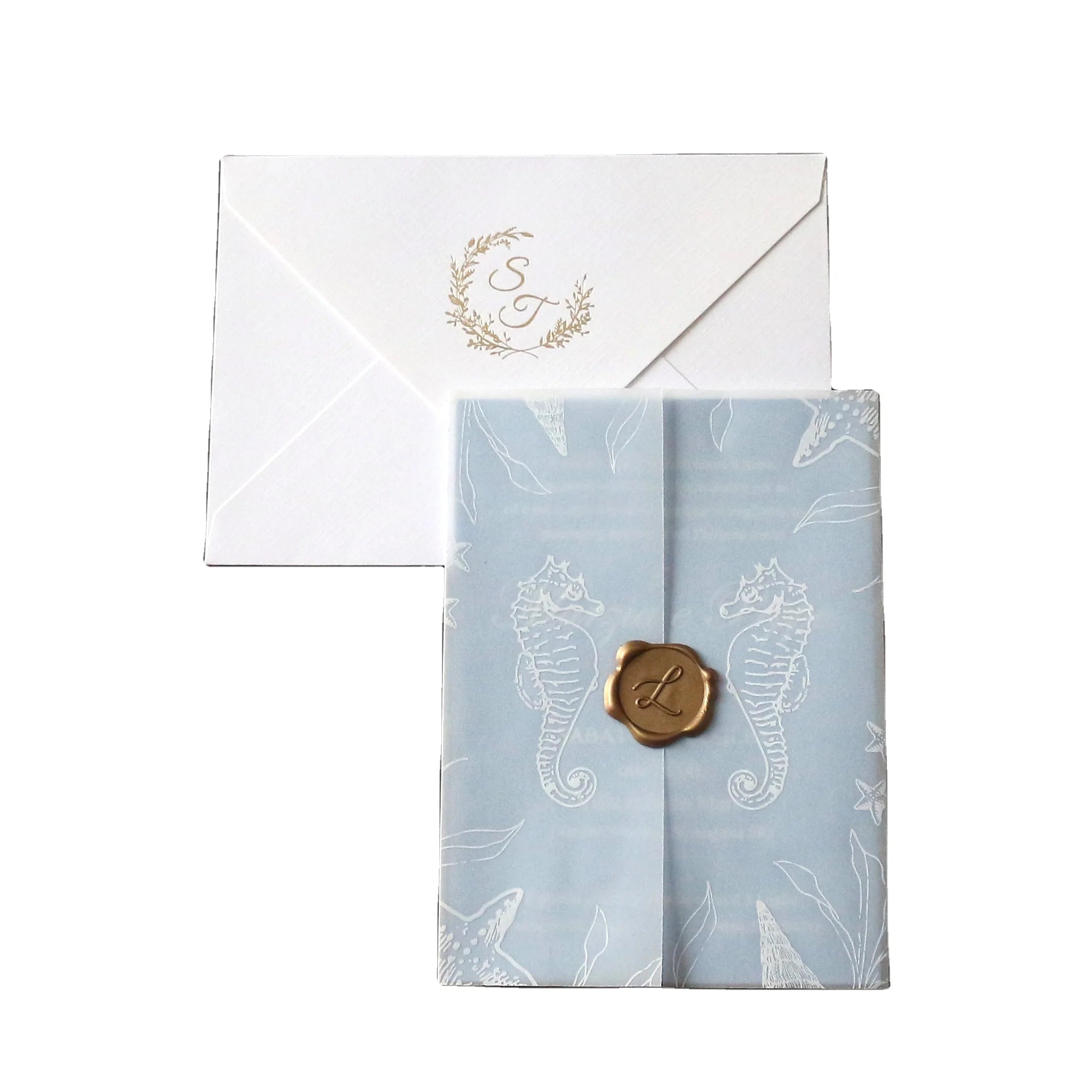 Sea Horse Printing Light Blue Cotton Paper Wedding Invitation Card With Vellum Cover and Gold Foil Logo Envelope