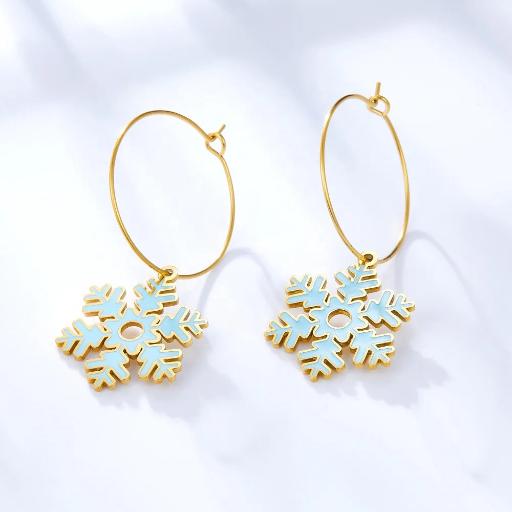 18K Gold Plated Hoop Earrings Custom Waterproof Hypoallergenic 304/316L Stainless Steel Snowflake Charm Hoop Earrings