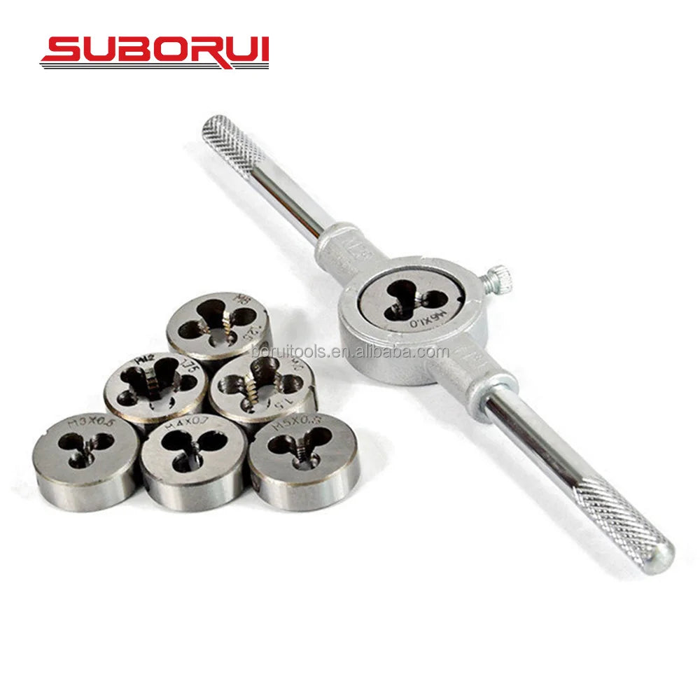 SUBORUI Hss 8pcs M3 M4 M5 M6 M7 M8 M9 M10 M12 Round Metric Hand Screw Tap Die Wrenches Cutting Die Holder Tool Set