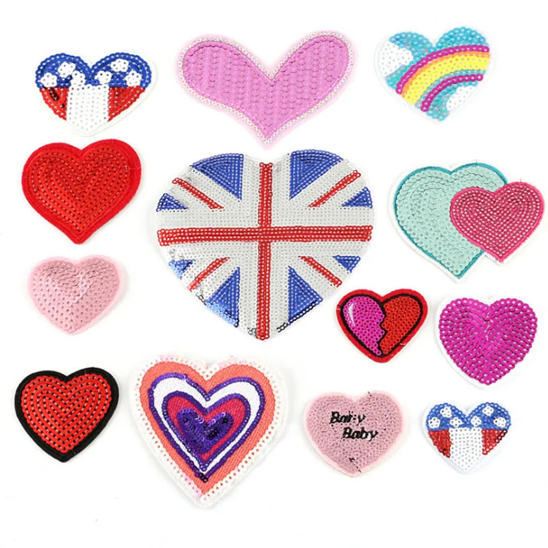 Hot Melt Adhesive Embroidered Pink Iron on Heart PET Sequins Patch for Clothing Bags Decoration Diy Garment Embroidery Patches