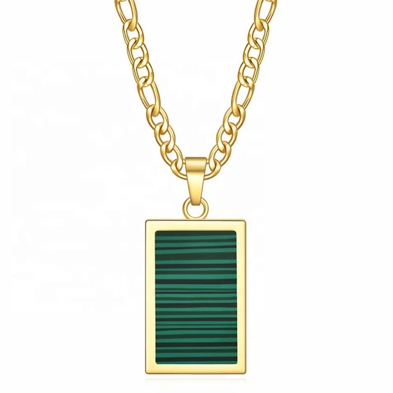MECYLIFE Square Shape Malachite Agate Shell Necklace Women Stainless Steel 18K Gold Figaro Chain Necklace