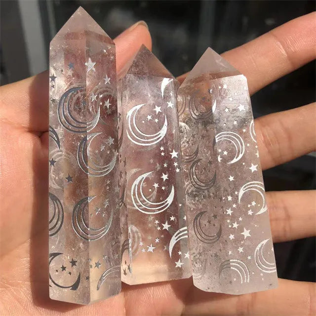 Natural Carved Crystal Towers Moon Star clear Quartz Wand Points Spiritual Healing Stones for Decor