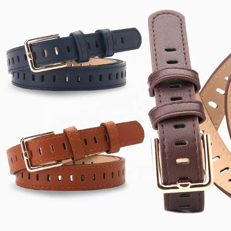 JULUN PU Belt Manufacture Designer Belts Full Perforated Hollow Hole PU Strap Square Gold Pin Buckle Casual Women Waist Belt