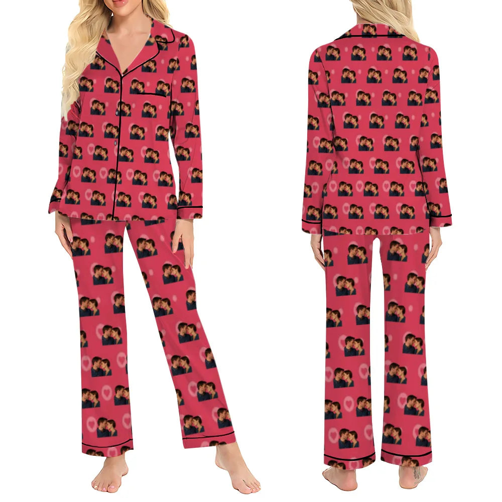 Customized Personalized Printed Womens Pajama Set Lce Silk Pajamas 2pc Pjs Button Down Sleepwear Pj Set Loungewear for Women Set