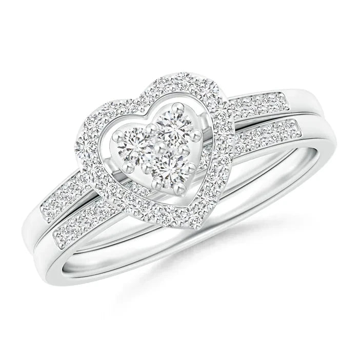 Solid 925 Silver Love Jewelry Floating Trio White Cubic Zirconia Heart Halo Bridal Set