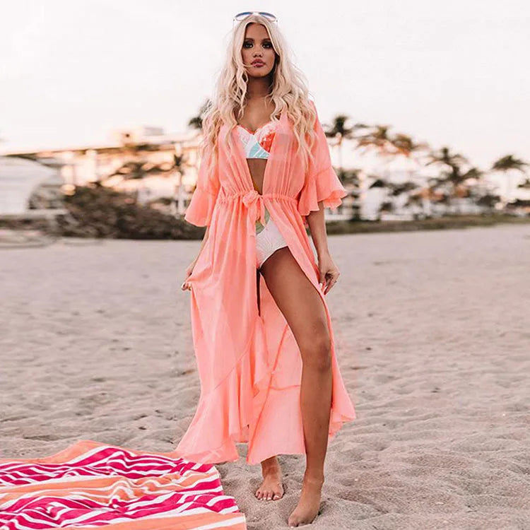 New Solid Color Chiffon Cardigan Holiday Beach Coat Sunscreen Dresses Bikini Cover Ups