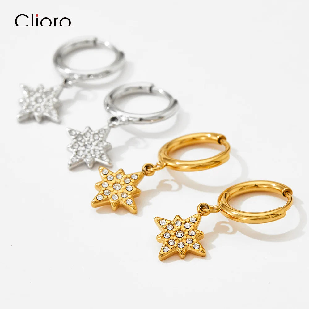 New Jewelry Ins Gold Plated Cubic Zircon Star Hoop Earrings Stainless Steel for Women