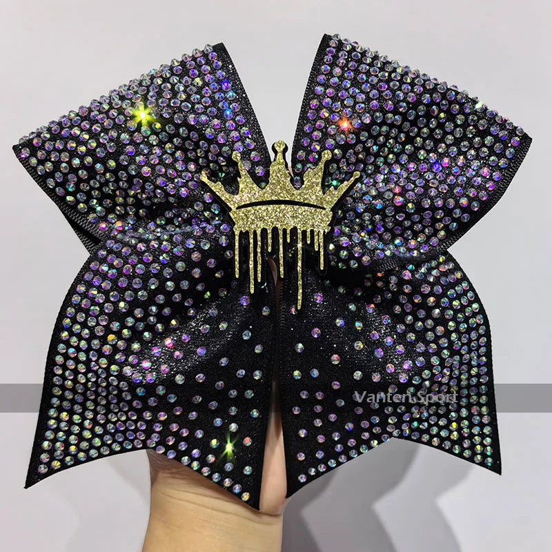 7 Inches Ribbon Customizable Cheer Bow  AB Crystals Glitter Competition Cheer Bow Gymnastics Hair Elastics