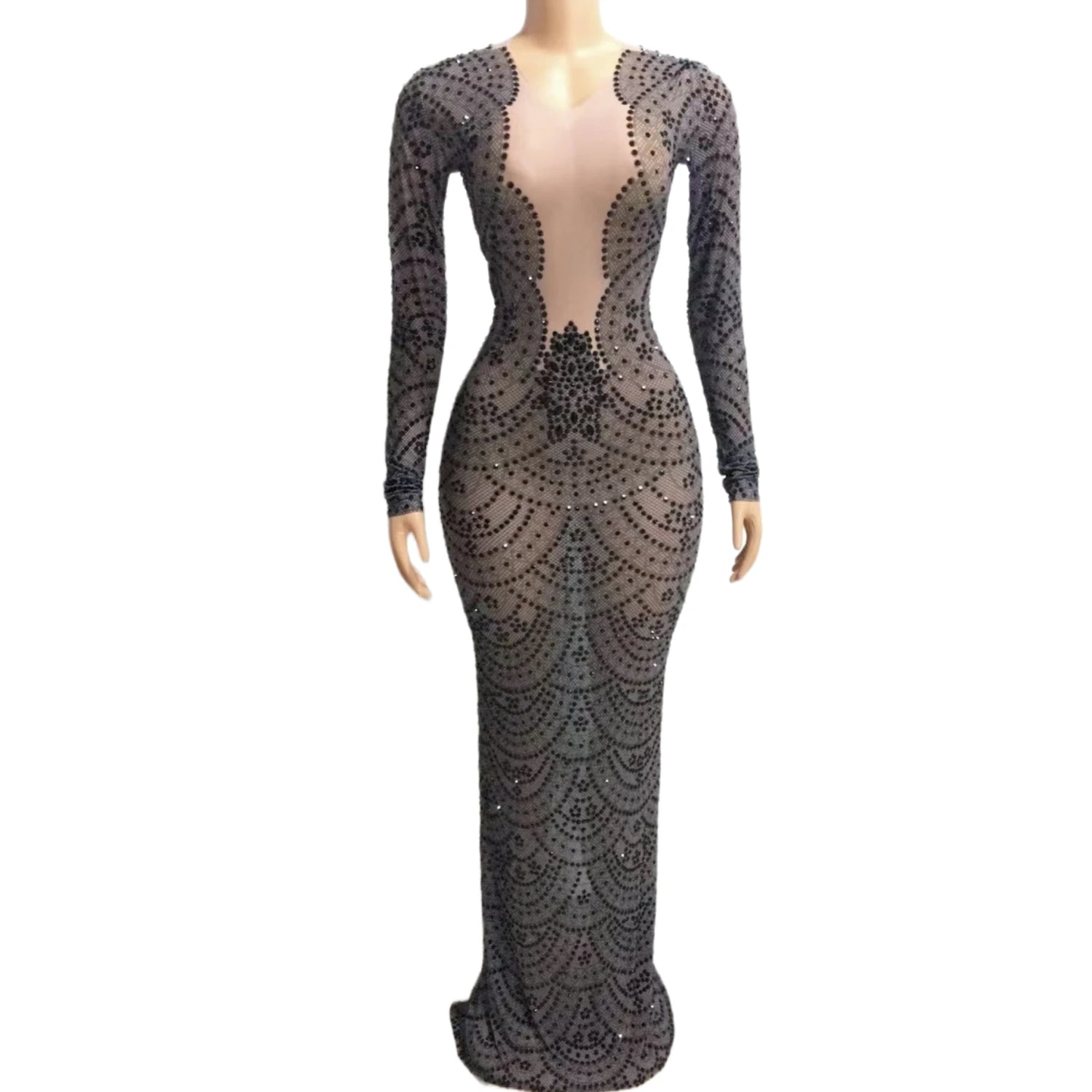 Vestido Elegant Long Sleeves See Through Ball Gowns Large Size Rhinestone Birthday Prom Long Dress Women Bodycon Evening Dress
