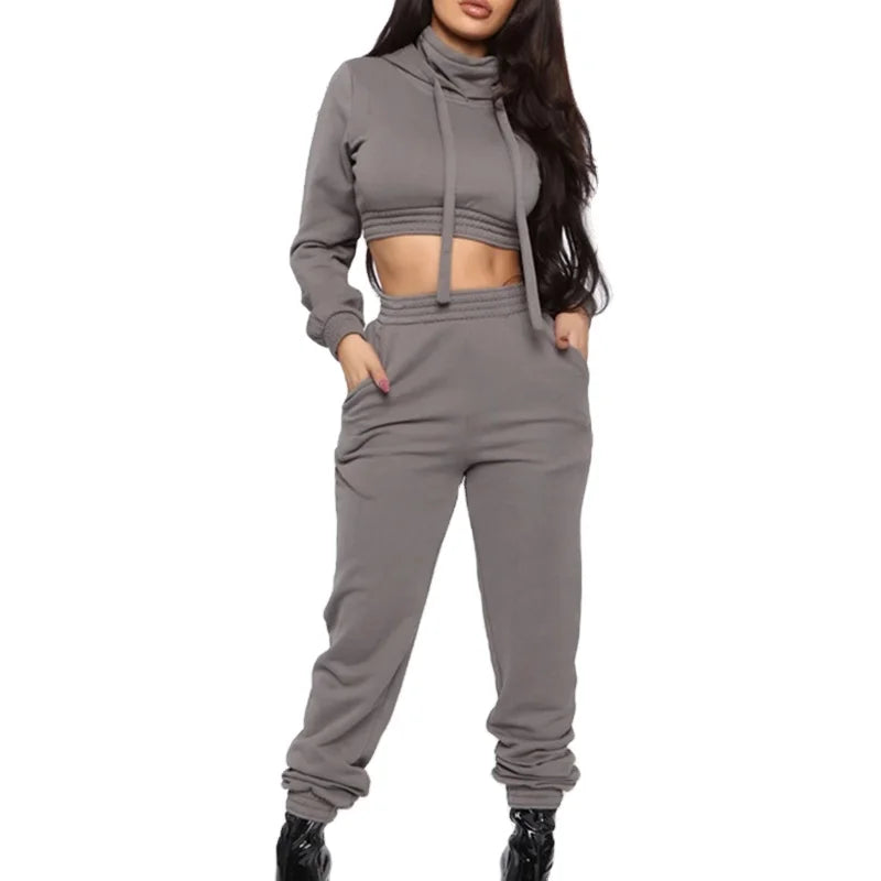 Women's Jogger Cropped Two Piece Hoodie Set Sweatshirt 95% Cotton 5% Spandex Tracksuit Custom Logo Blank 2 Piece Set for Women