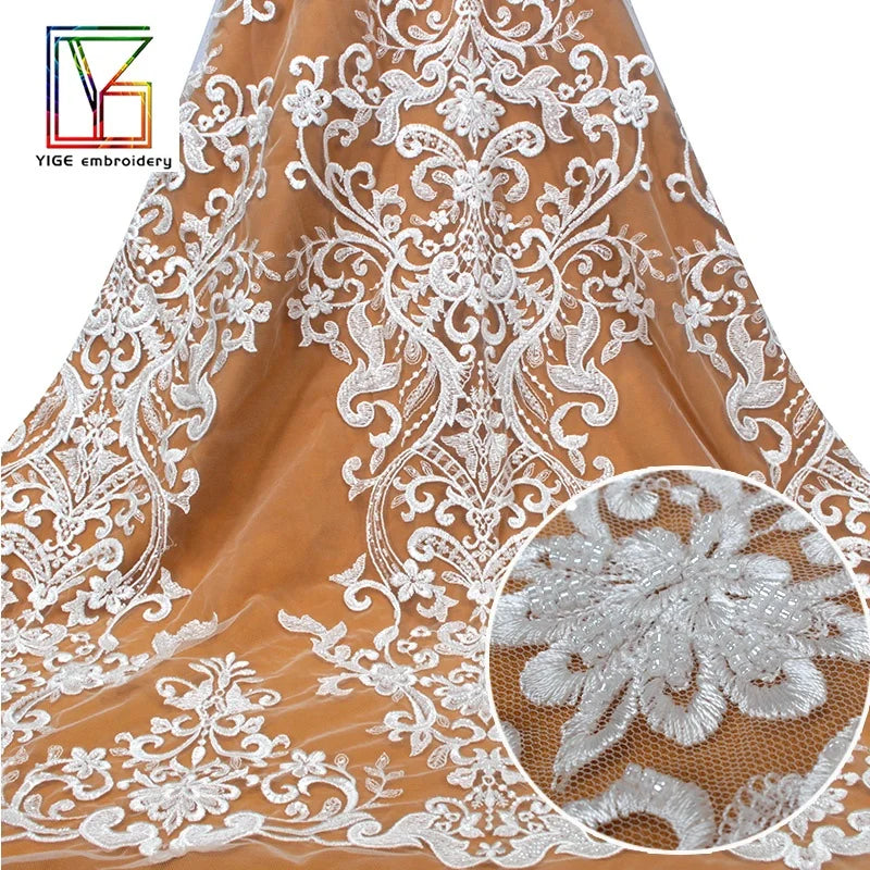 Hot Sale Luxury French Lace Fabric With Beads and Sequins Embroidered African Mesh Fabrics White Color for Wedding Dress Fabric
