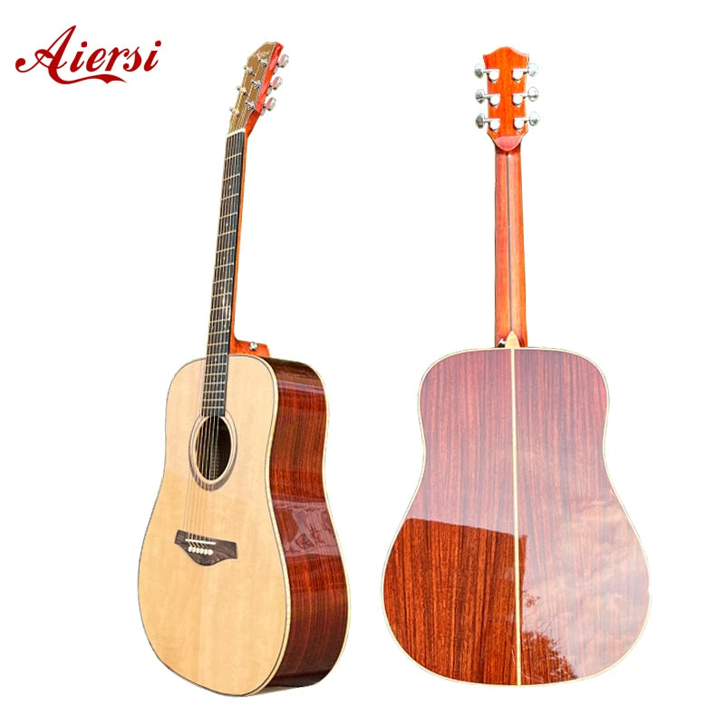 Wholesale Aiersi Brand 41 Inch Folk Acoustic Guitar Custom logo Glossy Solid Spruce Top Dreadnought Style String Instrument