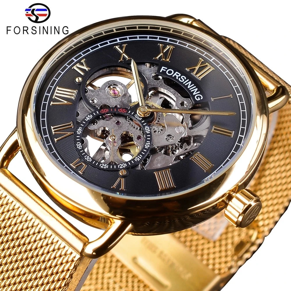Forsining Top New Luxury Classic Black Golden Skeleton Clock Mesh Band Design Waterproof Men's Mechanical Watches Montre Homme